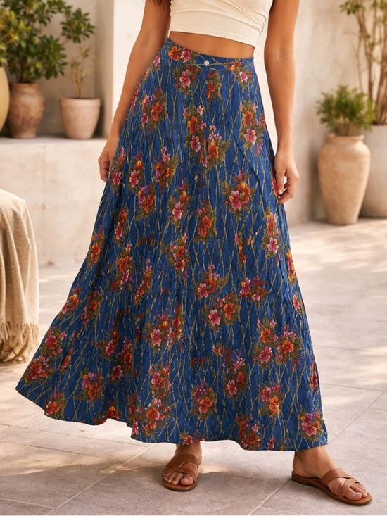 Karen Scott Dresses & Skirts - Y2K Karen Scott Blue Hawaiian Floral Tropical Flowy 100% Rayon Maxi Skirt Sz L